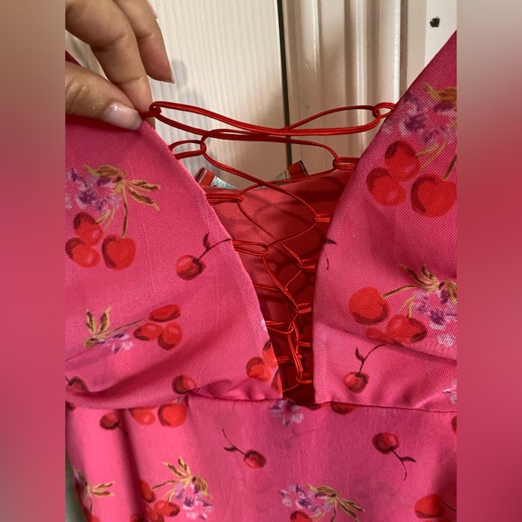 Urban Outfitters Bright Side Lace-Up pink floral cherry Mini Dress sz M nwt - Picture 4 of 14